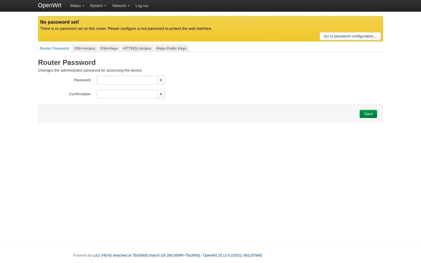 Page Router Password de LuCI avec un avertissement d'absence de mot de passe et les champs Password et Confirmation