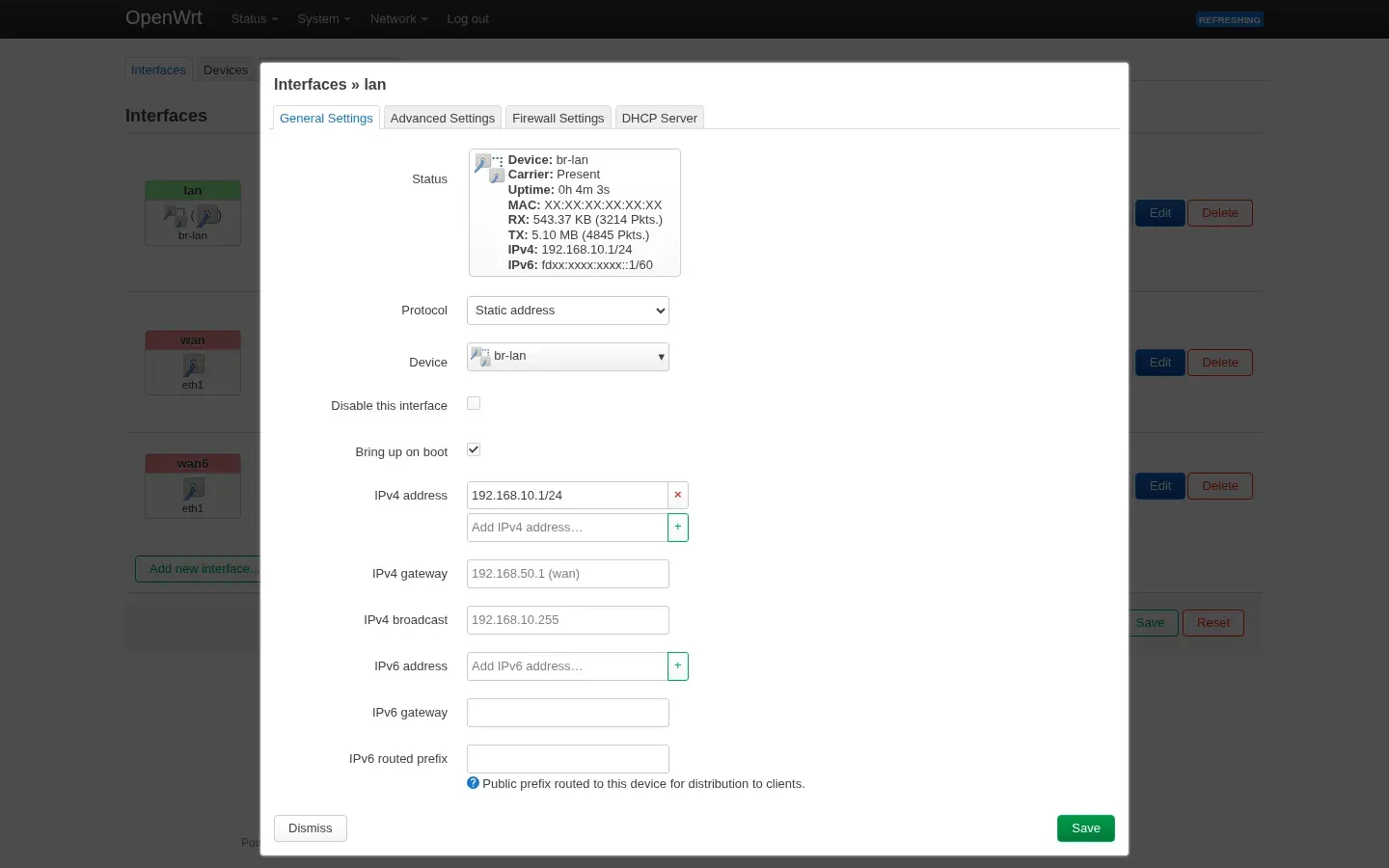 LuCI-Bearbeitungsdialog für LAN mit der IPv4-Adresse 192.168.10.1/24
